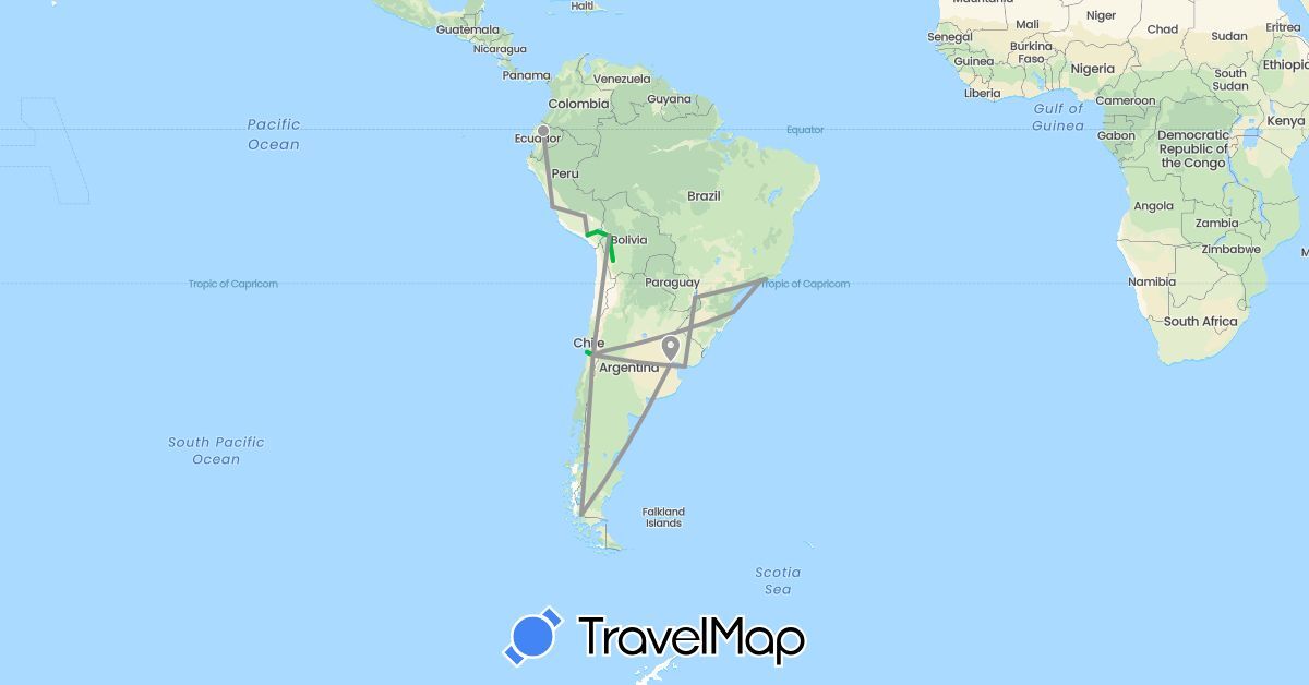 TravelMap itinerary: bus, plane in Argentina, Bolivia, Brazil, Chile, Ecuador, Peru, Uruguay (South America)